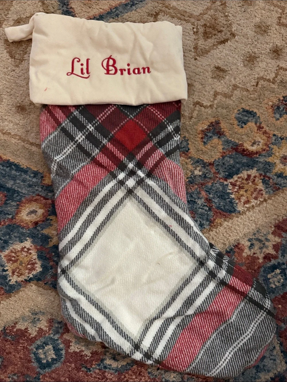 Pottery Barn Red, Cream & Black Plaid Holiday Stocking - 'Lil Brian'